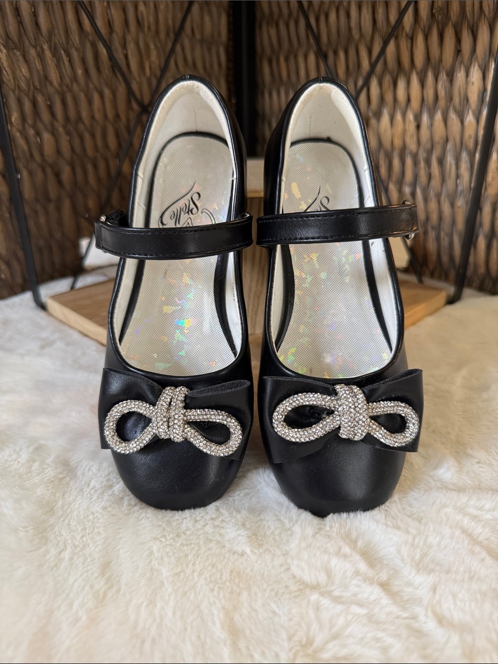 Stelle Black Mary Jane Shoes with Crystal Bow Accent